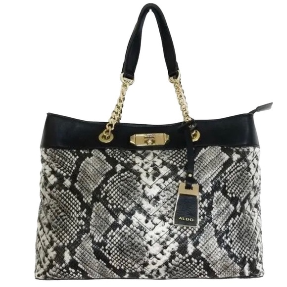 Aldo Snake Print Vegan Leather Satchel Tote Chain Handles Crossbody Strap Animal - Picture 2 of 12